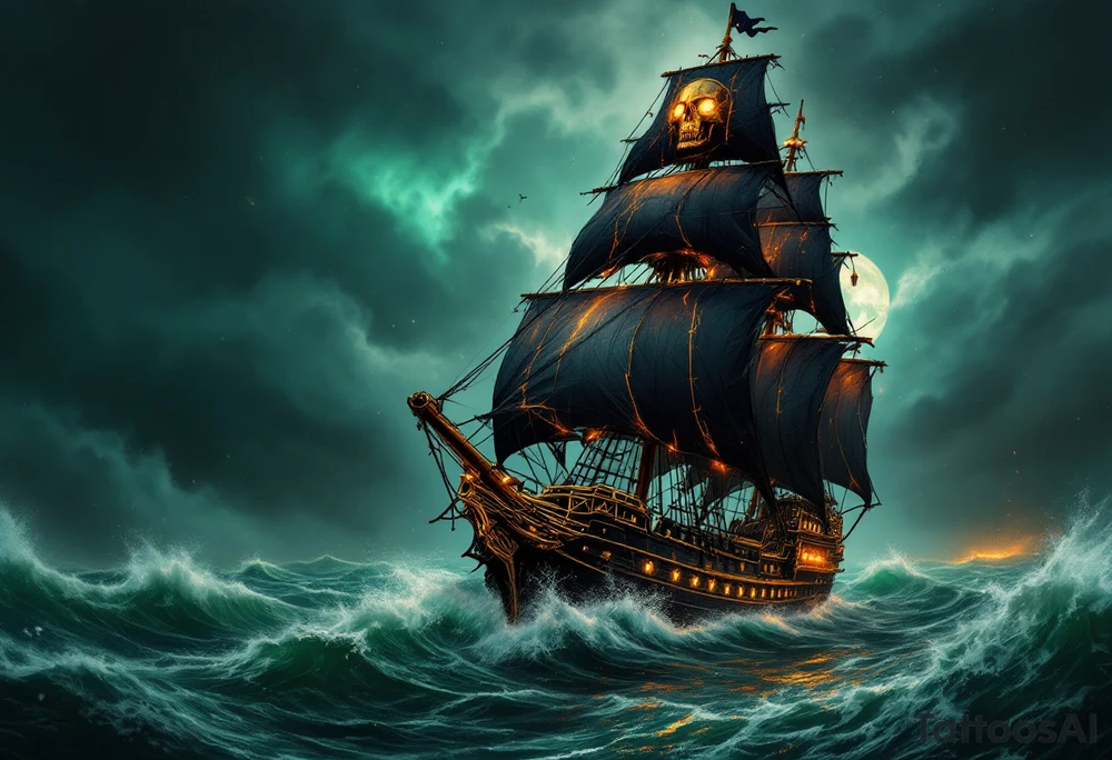 Tidebreaker Warship – A massive black pirate galleon with ripped sails, cutting through emerald green waves. The golden skull figurehead glows in the moonlight, and flashes of cannon fire illuminate the stormy sky. tattoo idea