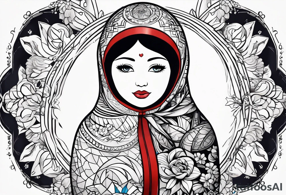 Matryoshka with geometric design,  with large pattern around it tattoo idea