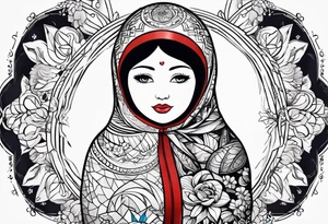 Matryoshka with geometric design,  with large pattern around it tattoo idea