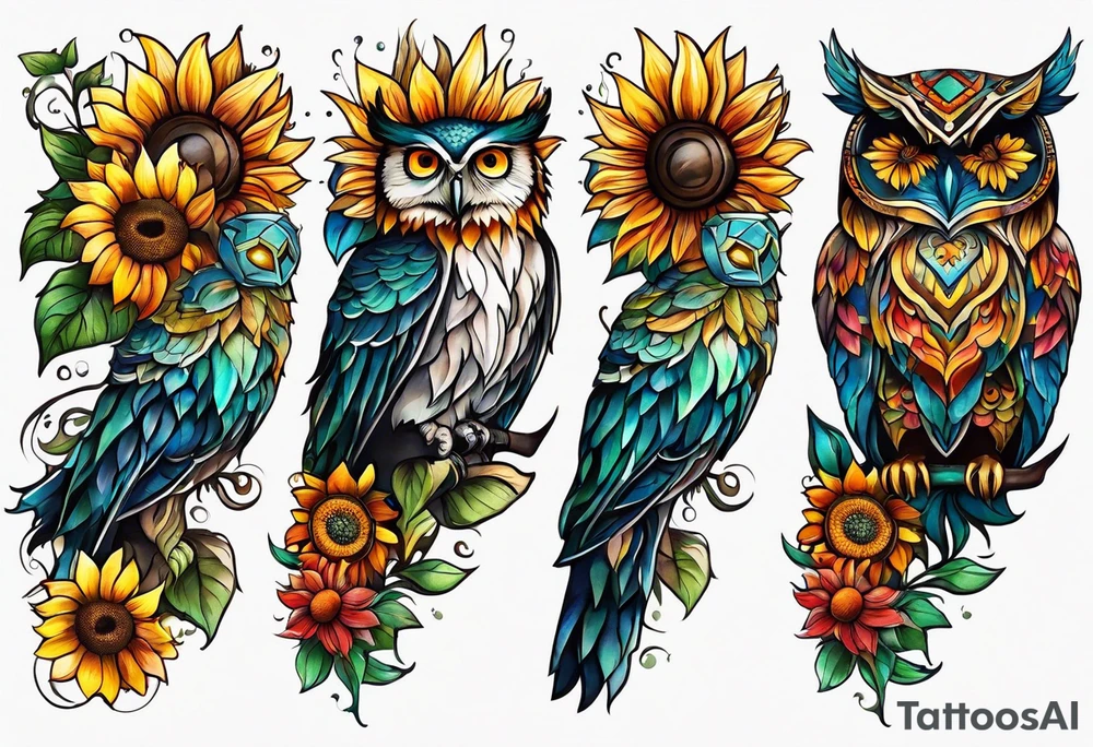 Leg sleeve with colorful sunflowers and an owl tattoo idea