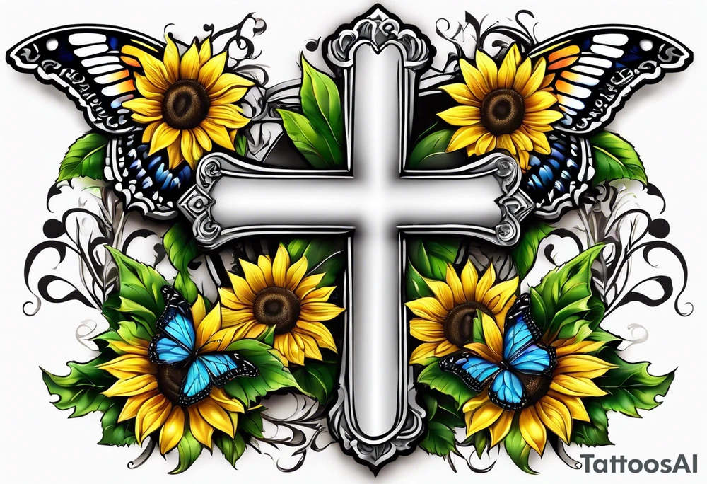 Winged cross with sunflower and butterflies tattoo idea