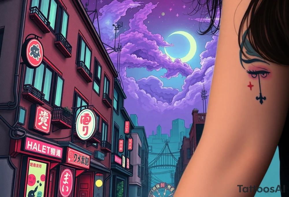 Tim Burton’s haunted pastel Tokyo apartment from the street view is littered in neon signs and dripping with muted reds, dusty pinks, and eerie green glow.purple and cyan smokey clouds swirl in the crescent moonlit sky thats sprinkled with stars tattoo idea tattoo idea