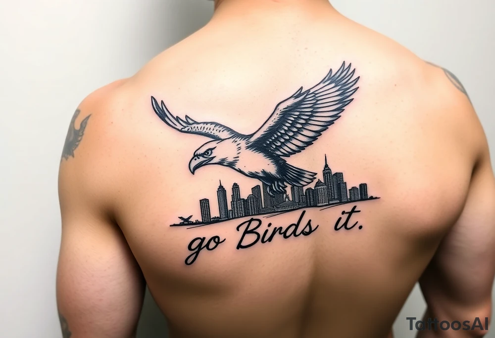 Philadelphia Eagle classic bird flying over Philadelphia city skyline with the words go Birds under it on bicep tattoo idea