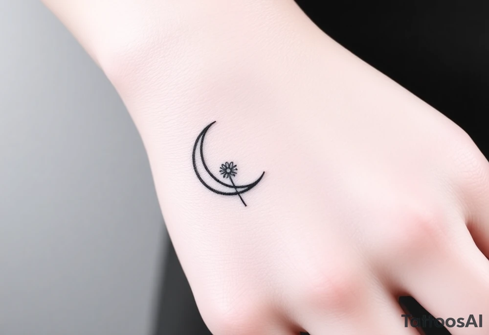 Small black and white tattoo waxing crescent moon with small Daisy birth flower and tiny Leo gliph tattoo idea