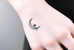 Small black and white tattoo waxing crescent moon with small Daisy birth flower and tiny Leo gliph tattoo idea