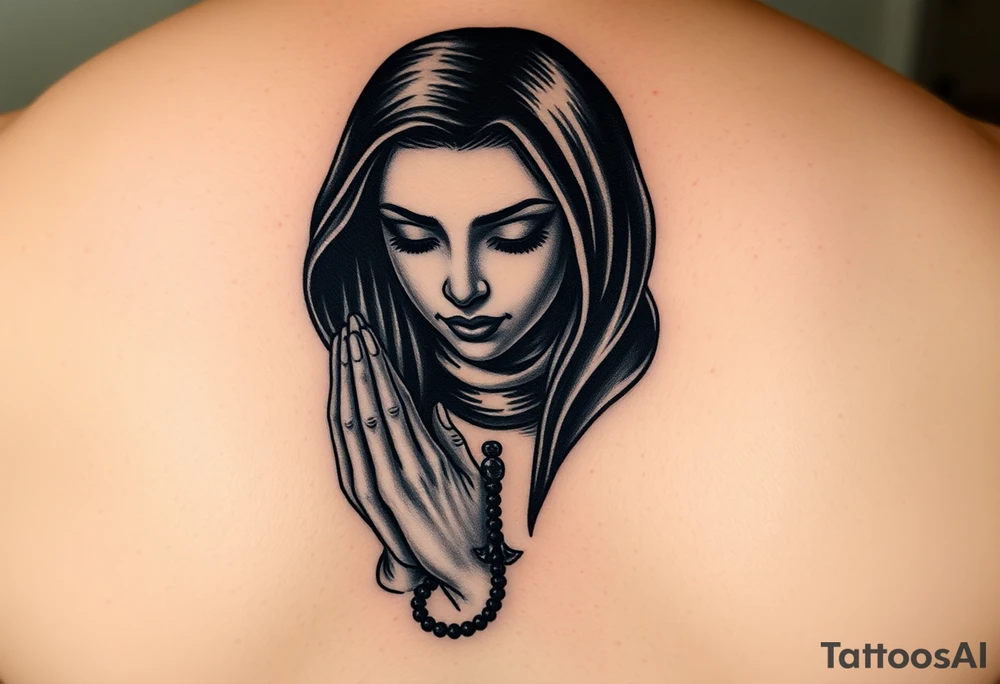 Chicano style woman with praying hands and rosary in hands tattoo idea