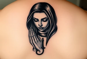 Chicano style woman with praying hands and rosary in hands tattoo idea