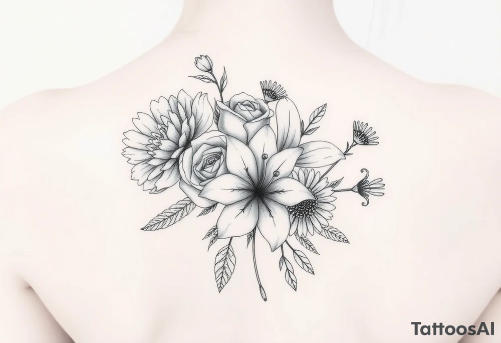 3d realistic Bouquet of flowers with a Carnation, a rose, a lily, a larksper, and a aster flowers. tattoo idea