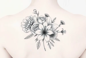 3d realistic Bouquet of flowers with a Carnation, a rose, a lily, a larksper, and a aster flowers. tattoo idea
