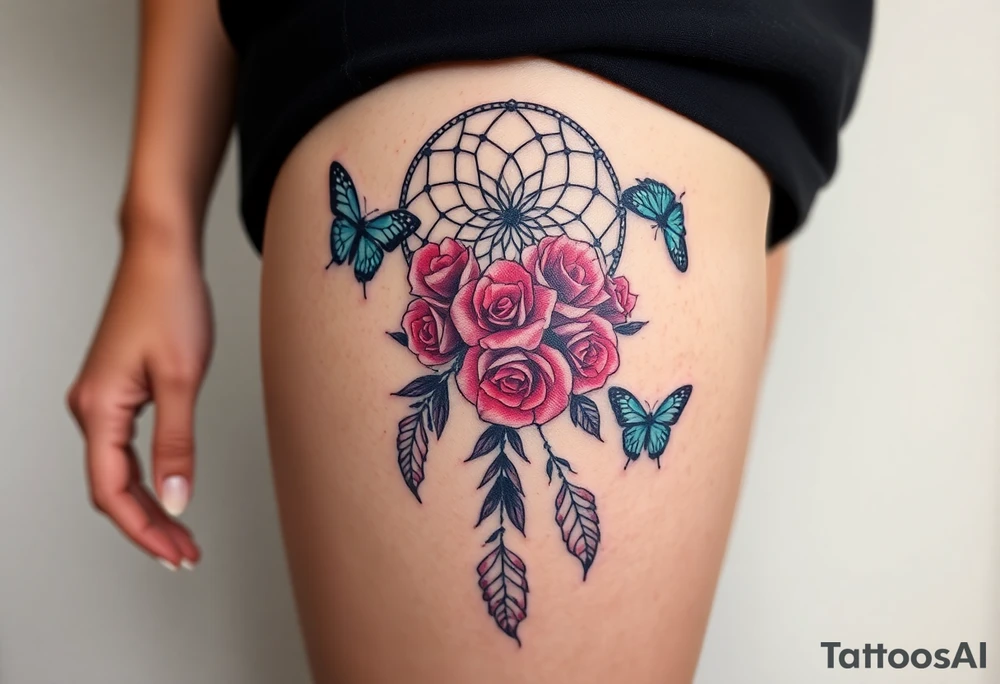 Dreamcatcher roses and butterflies tattoo idea