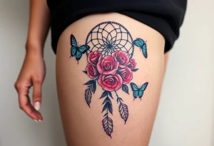 Dreamcatcher roses and butterflies tattoo idea