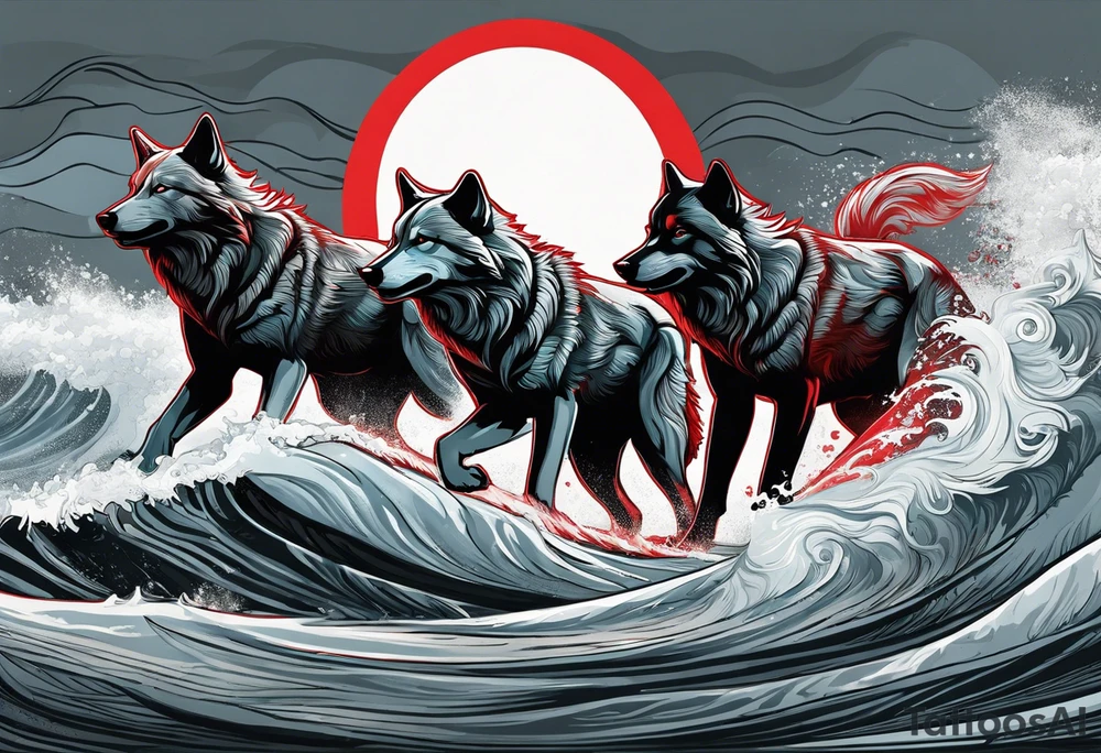 a pack of 3 howling muscular  gray wolves surfing waves with a linear background with red, white and black and gray tattoo idea