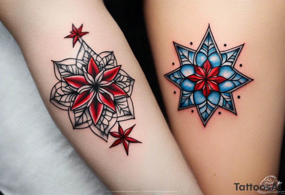 Small tattoo of a forget me knot flower linework star thats outline is red and a snowflake all separate very very small tattoo idea