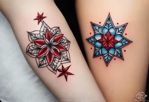 Small tattoo of a forget me knot flower linework star thats outline is red and a snowflake all separate very very small tattoo idea
