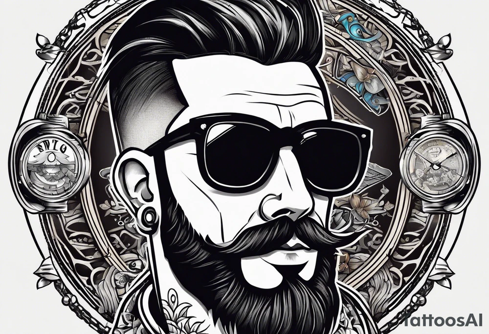 Attractive Male, slim oval face, sunken eyed, Short mustache, tools, ray-bans, no hair on sides and pony-tail on top, mechanic tattoo idea