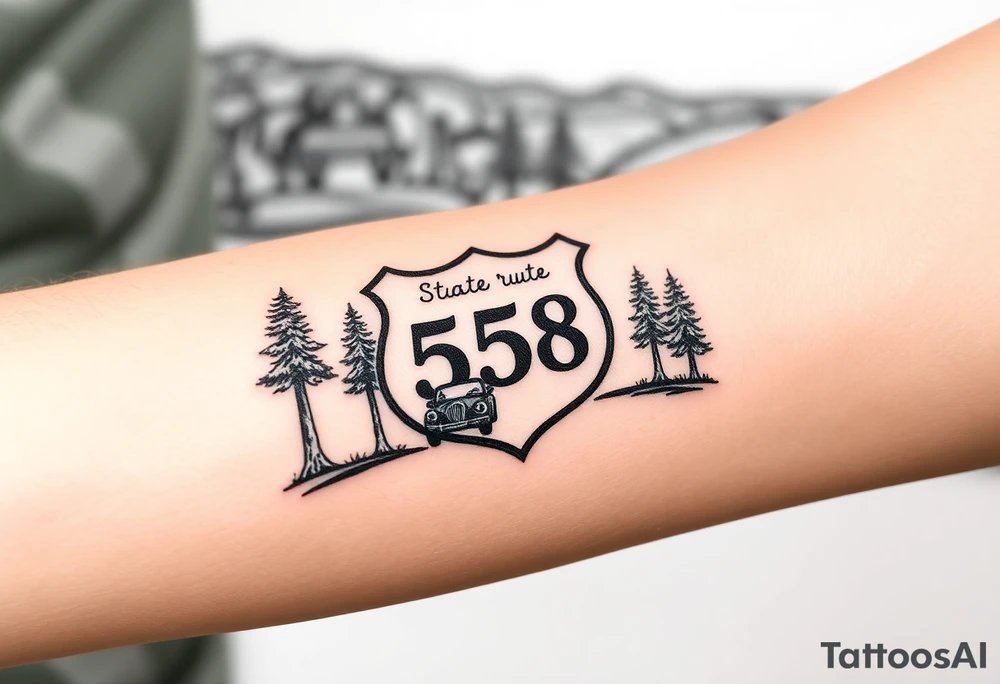 small State Route sign 558, with trees all around and a farm in background, road with a car scenic tattoo idea