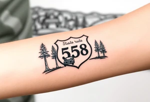 small State Route sign 558, with trees all around and a farm in background, road with a car scenic tattoo idea