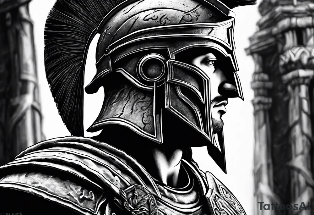 Close up of spartan solider face looking at distant ancient ruins tattoo idea