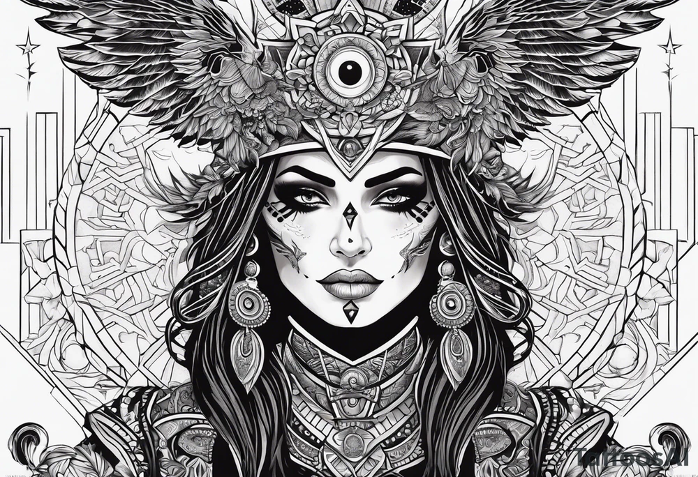 black kali, goddess pirate, alien, pachamama, valkrye, warrior, skull, lotus azul, wing, eagle, zenza resonance, stars, 5D tattoo idea