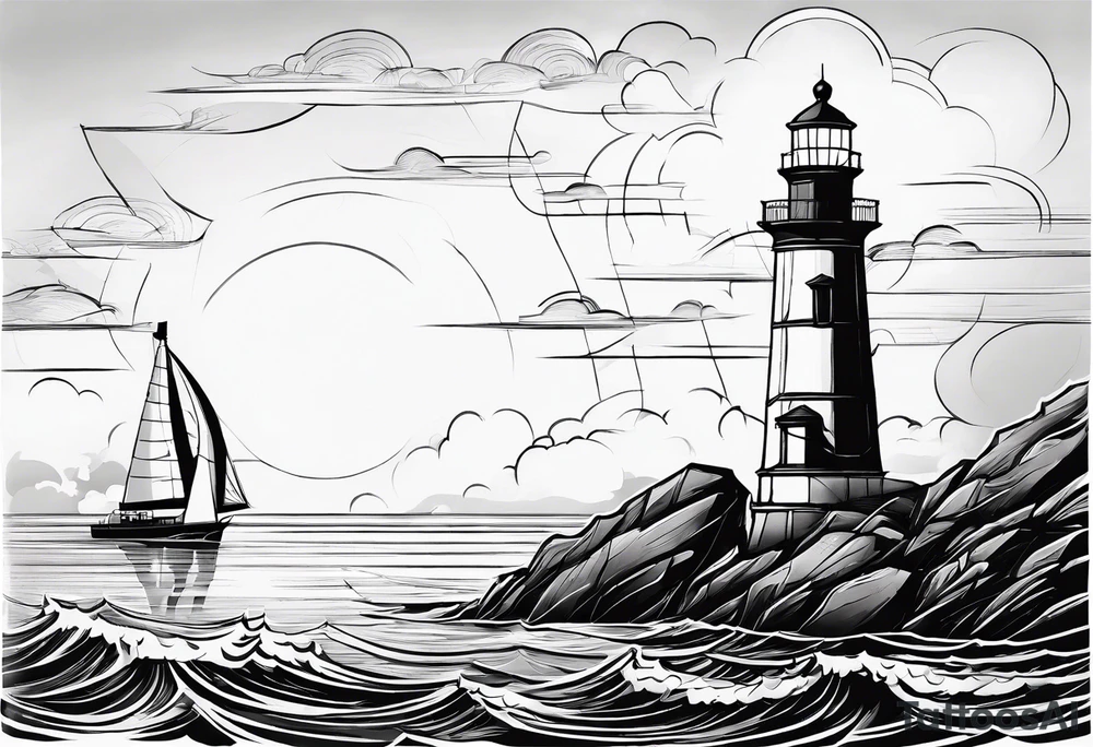 maritime lighthouse partially hidden by its large fixed sail. calm sea reflection. tattoo idea