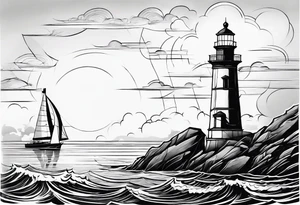 maritime lighthouse partially hidden by its large fixed sail. calm sea reflection. tattoo idea
