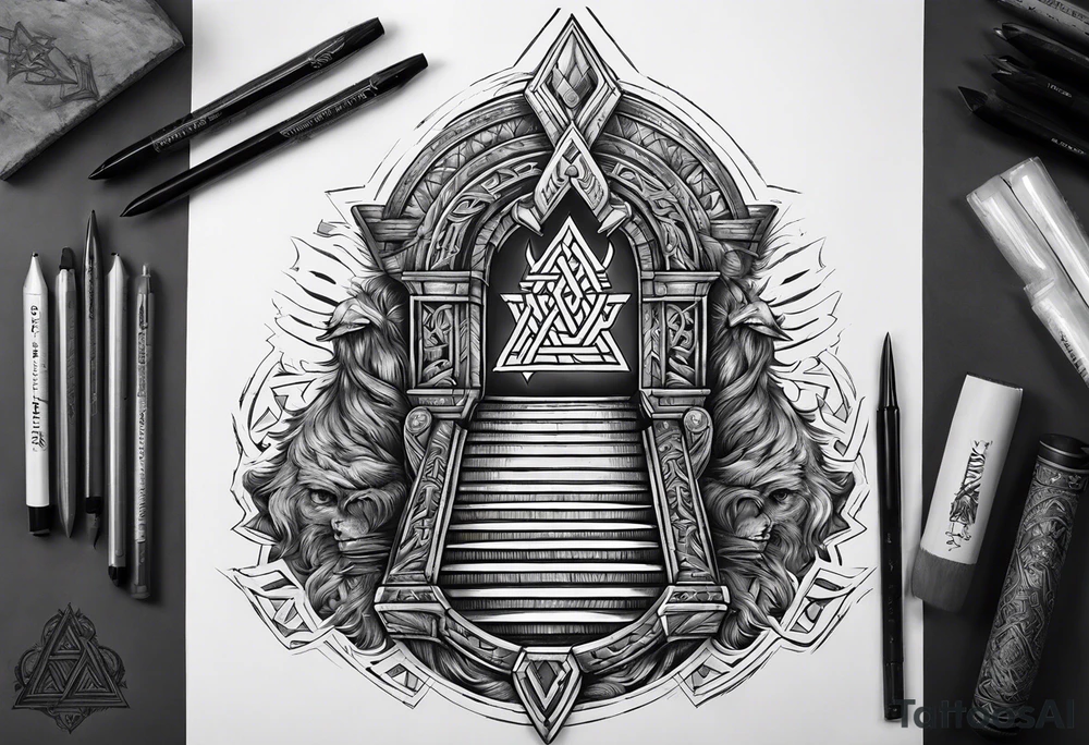 Valhalla sword shield  axe Valknut stairs tattoo idea