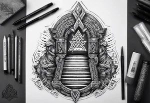 Valhalla sword shield  axe Valknut stairs tattoo idea