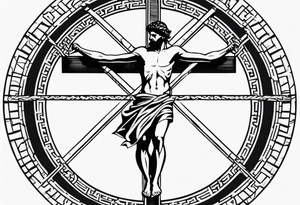 Crucified man inside a circle of Roman numerals with roman numerals on it tattoo idea