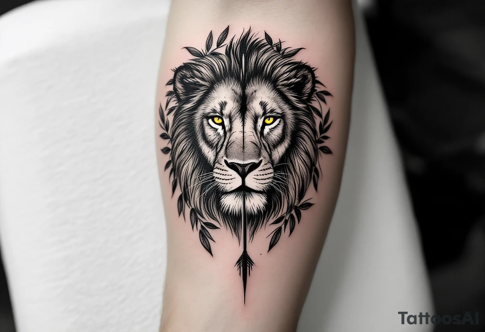 a spiritual lion with yellow eyes that come down an arrow and surrounded by a olive tree leaf around tattoo idea