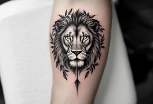 a spiritual lion with yellow eyes that come down an arrow and surrounded by a olive tree leaf around tattoo idea