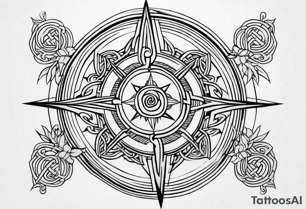 A rose compass with a labyrinth on the inside and to Celtic swords going through the center of the rose compass tattoo idea