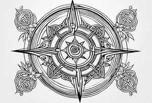 A rose compass with a labyrinth on the inside and to Celtic swords going through the center of the rose compass tattoo idea