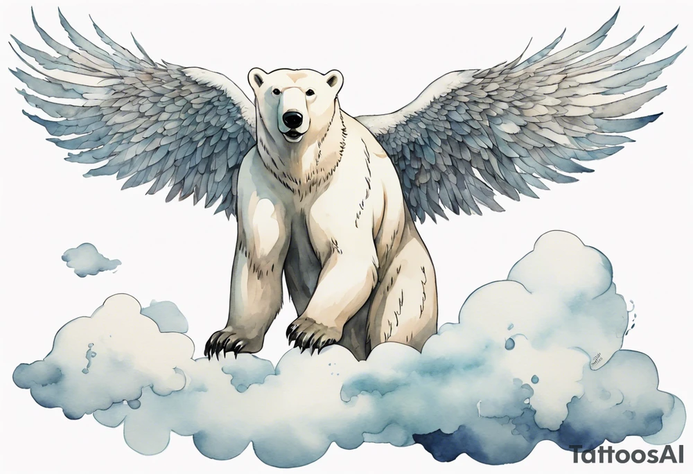 a polar bear with wings, standing on  clouds, with mouth wide open tattoo idea