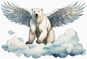 a polar bear with wings, standing on  clouds, with mouth wide open tattoo idea