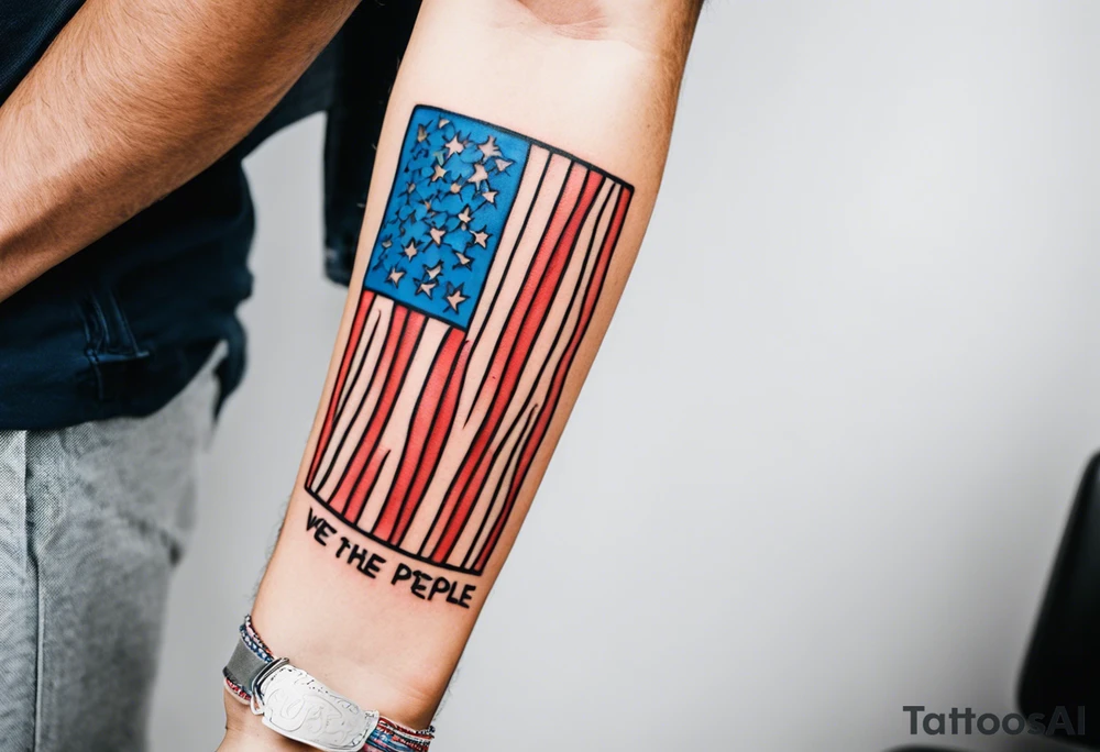 American patriotic forearm tattoo that includes the American flag, the phrase "We The People" tattoo idea
