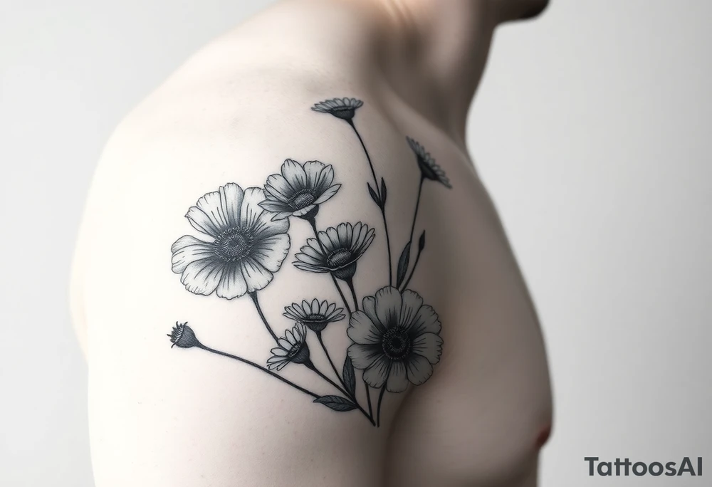Create an image of an upper arm tattoo (from shoulder cap to just above the elbow) comprised of California poppies, California blackberries, gray’s lupine, marsh marigold, Indian paintbrush, one daisy, and an orange and orange blossom tattoo idea