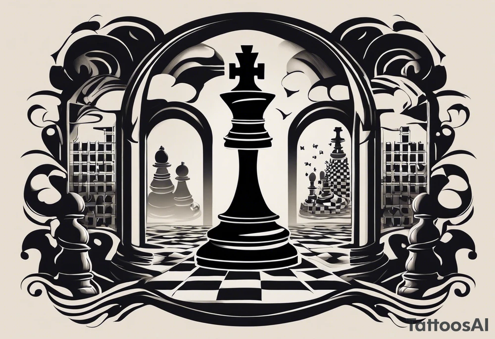 A black-and-white tattoo featuring a chessboard with scattered chess pieces, symbolizing strategy and the unpredictability of life. In the background, an hourglass with sand halfway through represents the passage of time. The chessboard is slightly distorted to give a surreal, maze-like effect. The design uses bold lines and shading to create contrast, with no extra colors, staying true to the black-and-white theme tattoo idea