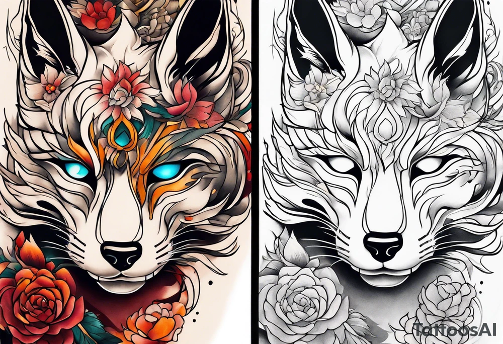 Neotraditional tattoo sleeve with a destroyed mask with flowers and kitsune coming out of it tattoo idea