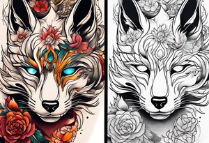 Neotraditional tattoo sleeve with a destroyed mask with flowers and kitsune coming out of it tattoo idea