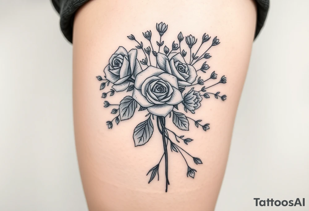 vintage bouquet of wild roses and meadow flowers with morning dew tattoo idea