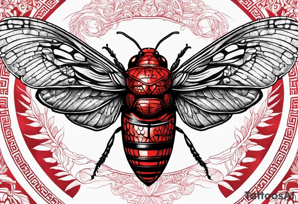 cicada on top of red greek visuals tattoo idea