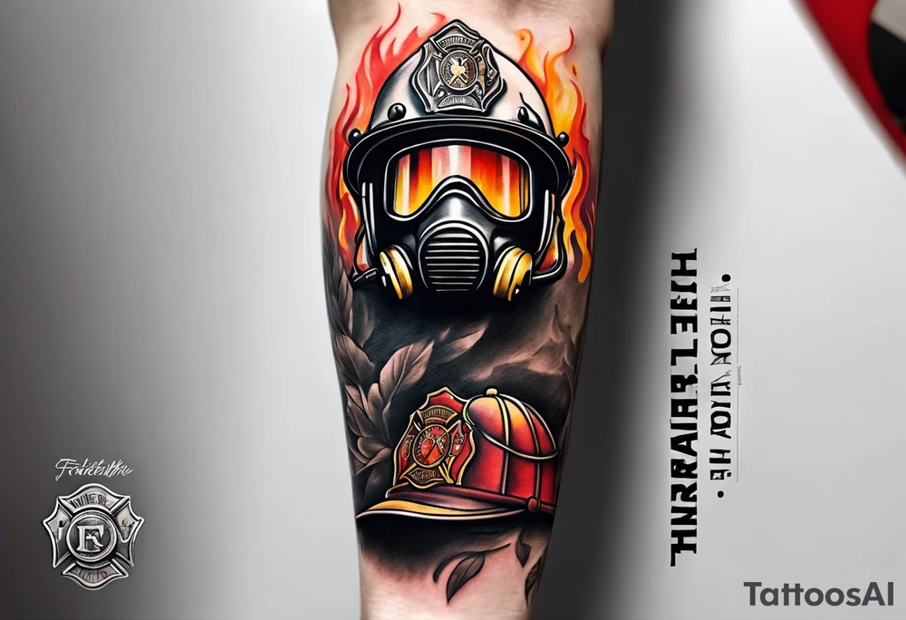 A forearm tattoo that includes firefighter tools and a firefighter helmet tattoo idea