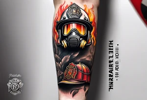 A forearm tattoo that includes firefighter tools and a firefighter helmet tattoo idea