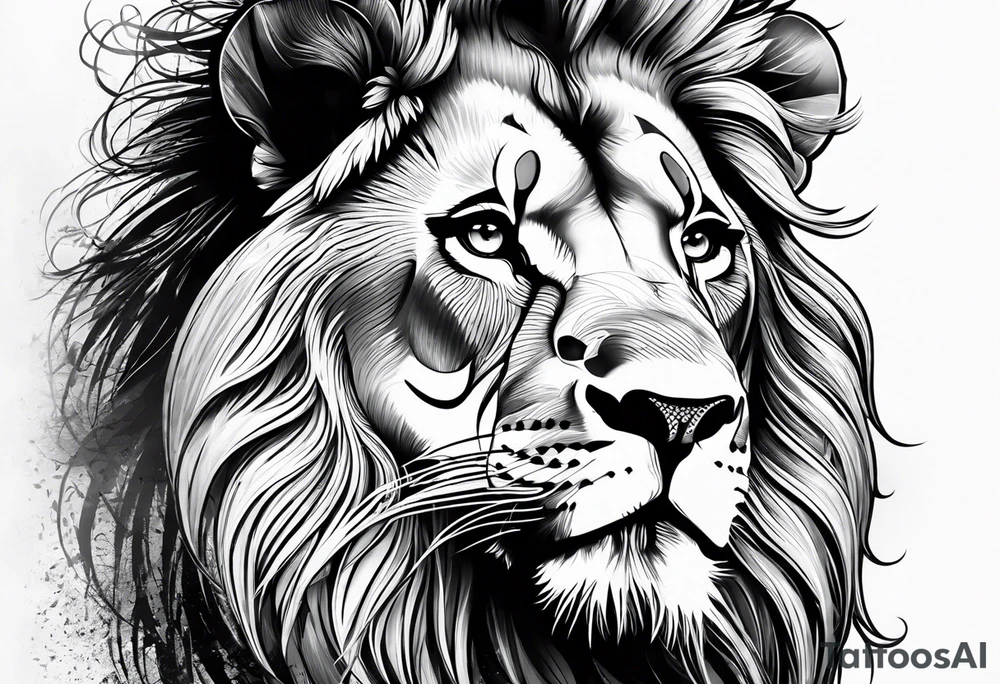 lion meshed with woman tattoo idea