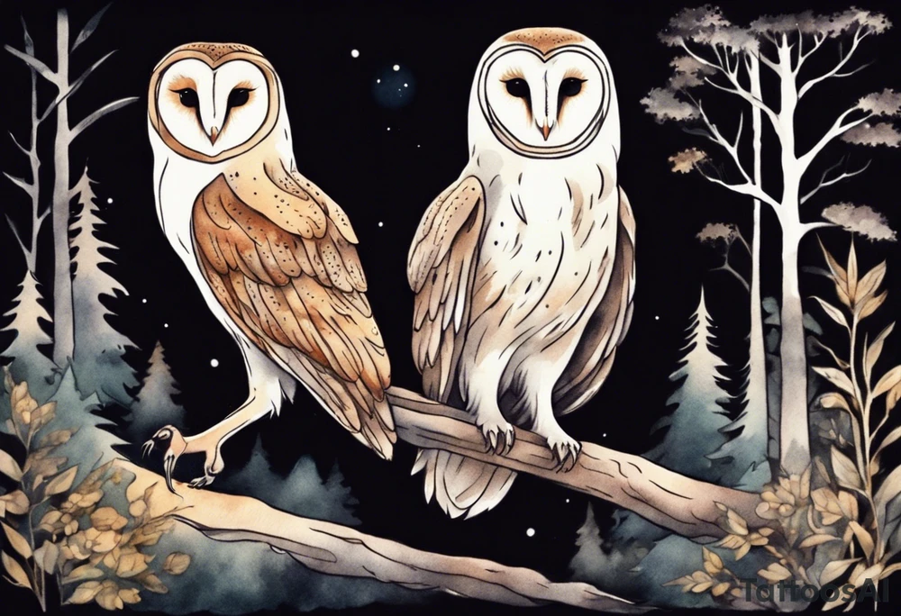 a tall creature with long legs and the head of a barn owl walking on a forest path at night tattoo idea