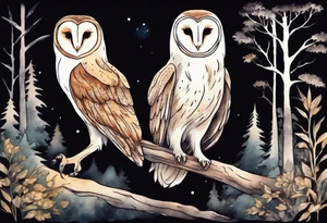 a tall creature with long legs and the head of a barn owl walking on a forest path at night tattoo idea