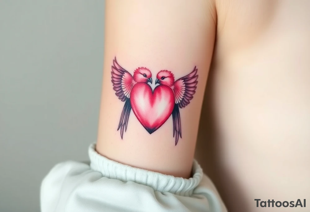 dainty sacred heart with two pink galah birds tattoo idea