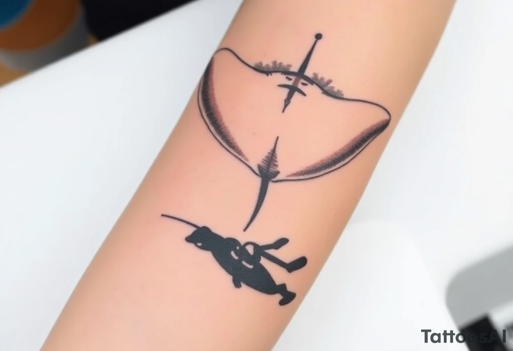 Manta ray silhouette above, scuba diver underneath, water background tattoo idea