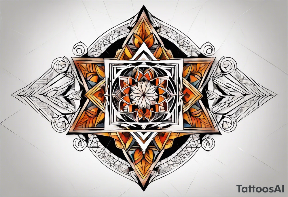 front knee tattoo with sacred geometry, swirls & washes, background and in fall colors tattoo idea