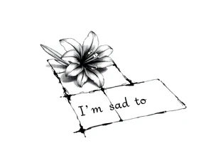 Lily growing out of tile floor with the words I’m sad too written small in the grout between two tiles tattoo idea